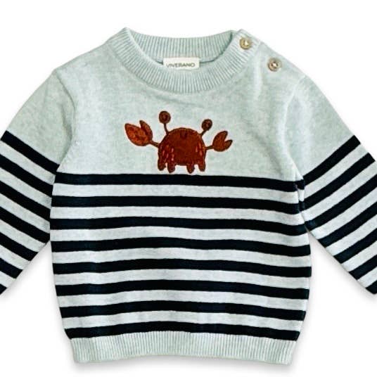 Blue Heather Crab Embroidered & Stripe Knit Baby Pullover (Organic Cotton for wholesale on Faire1