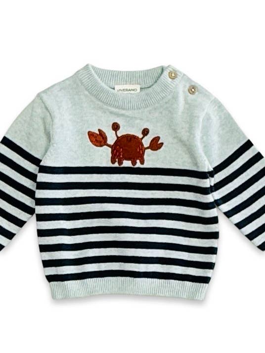Blue Heather Crab Embroidered & Stripe Knit Baby Pullover (Organic Cotton for wholesale on Faire1