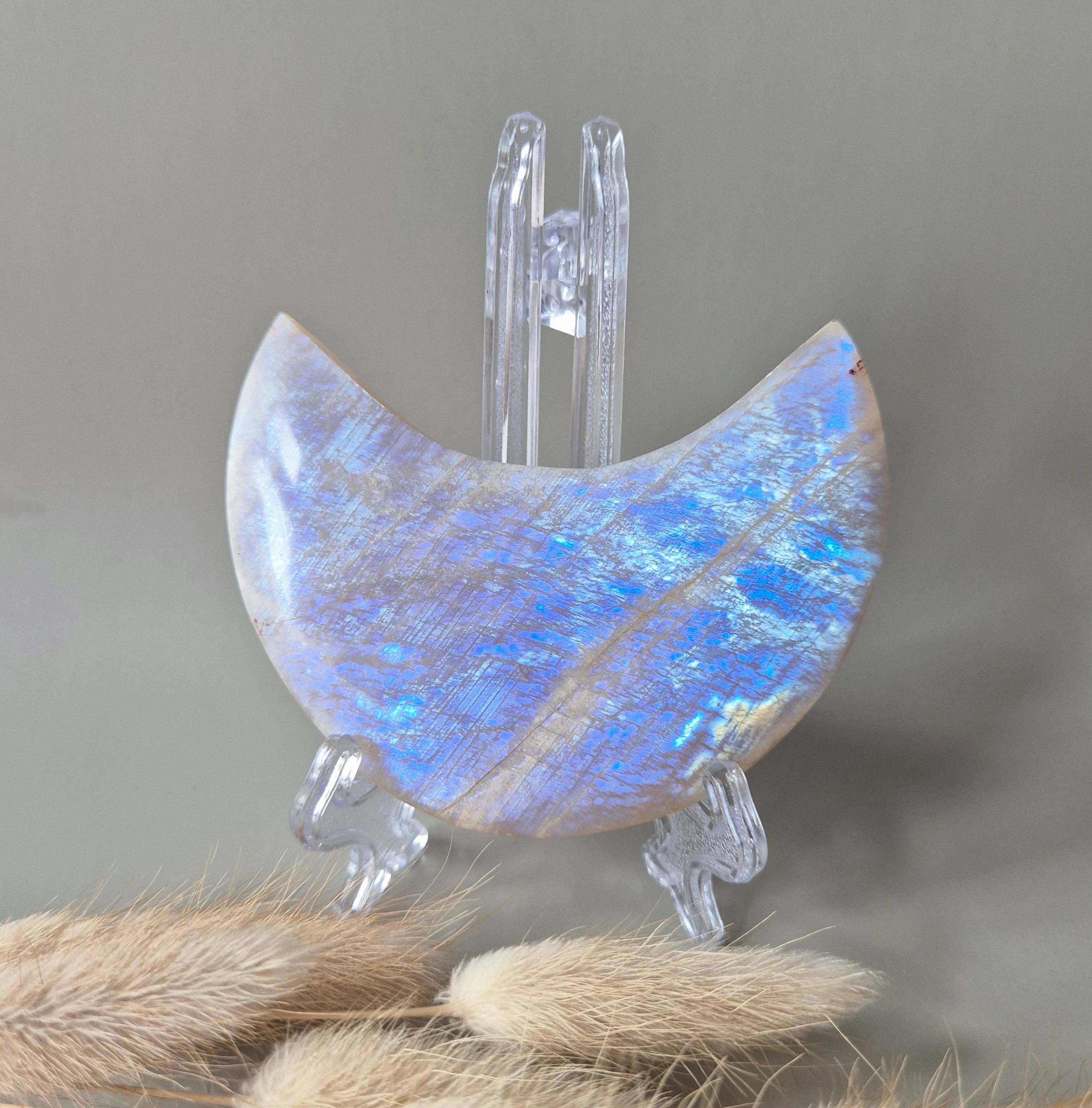 Moonlight Gemstones - Wholesale Spiritual Stone/Crystal - Gemstone Blue Moonstone Moon on Stand 9-11cm With Beautiful Flash2