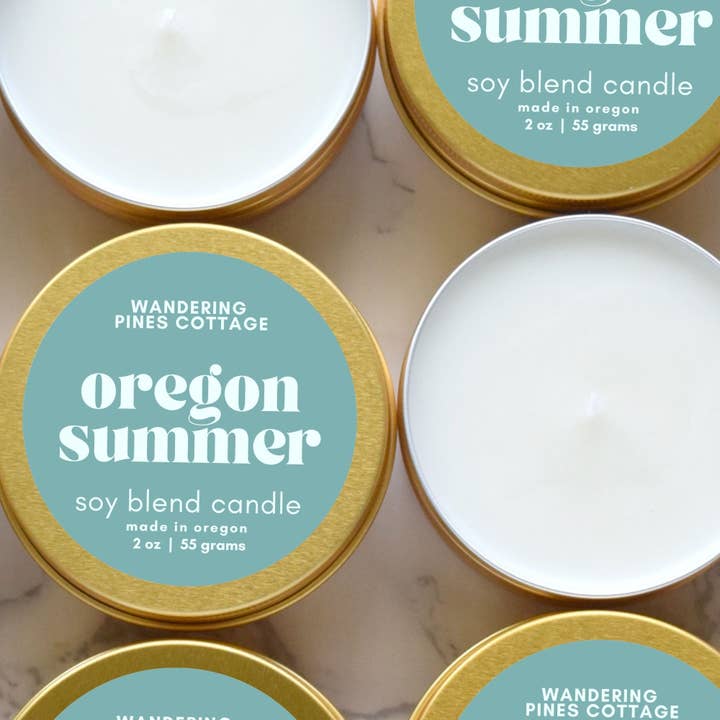 Oregon Summer - 2 oz Gold Tin Travel Candle for wholesale by Wandering Pines Cottage