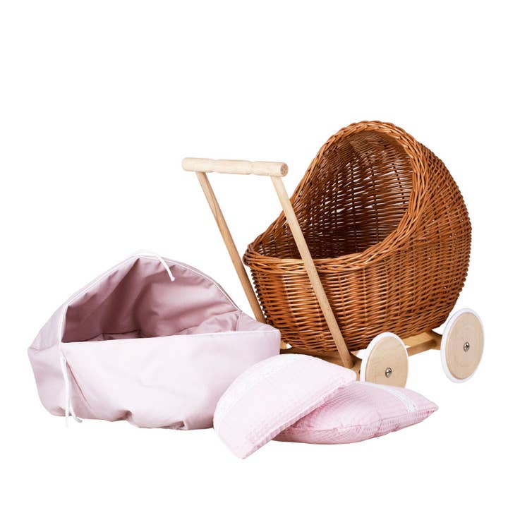 The Wicker Stories - Wholesale Kinderwagen voor poppen - Kinderen - Rieten kinderwagen met roze rand, rieten pop3