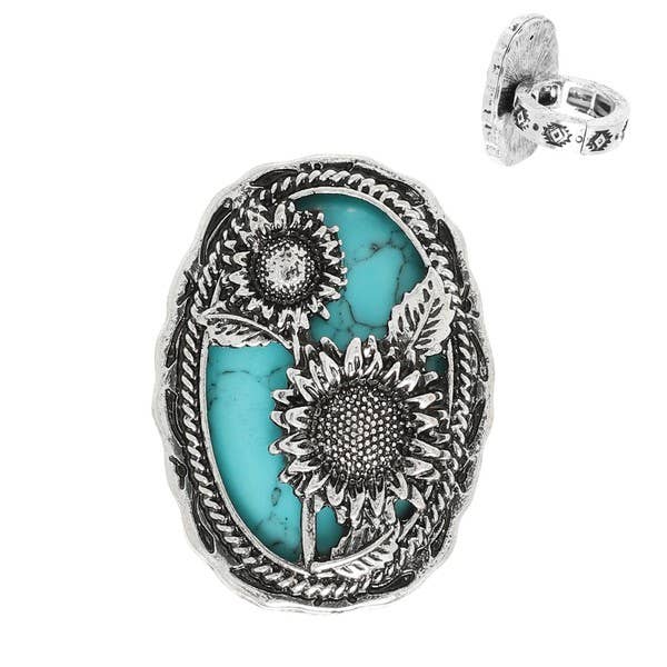 anbfashion – wholesale Band/stacked ring – WESTERN TURQUOISE SUNFLOWER OVAL STRETCH RING R170841