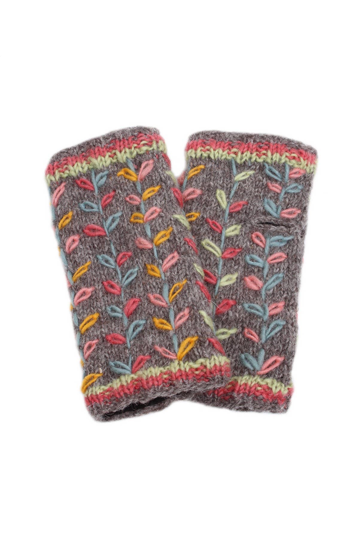 Kylemore Embroidered Leaf Wool Knit Fingerless Gloves Grey for wholesale on Faire2