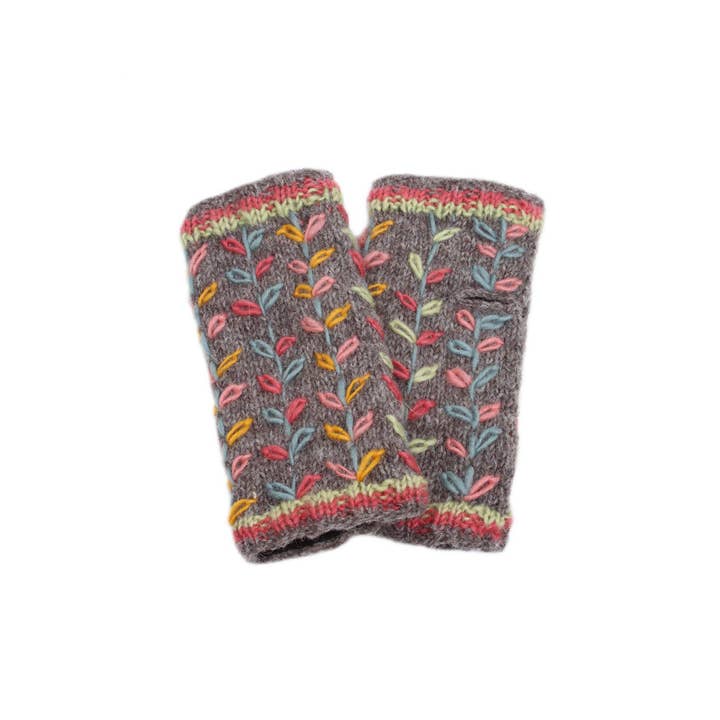 Kylemore Embroidered Leaf Wool Knit Fingerless Gloves Grey for wholesale on Faire2