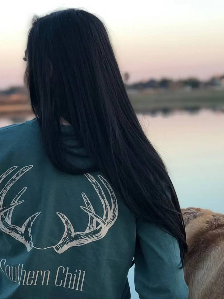Antlers Long Sleeve Tee Blue Spruce for wholesale by Southern Chill