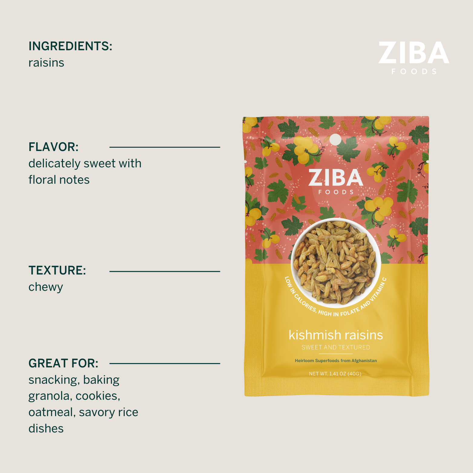 Ziba Foods – Engroshandel Tørret/dehydreret frugt – Kishmish rosiner single-serve snack, vegansk 1 oz6