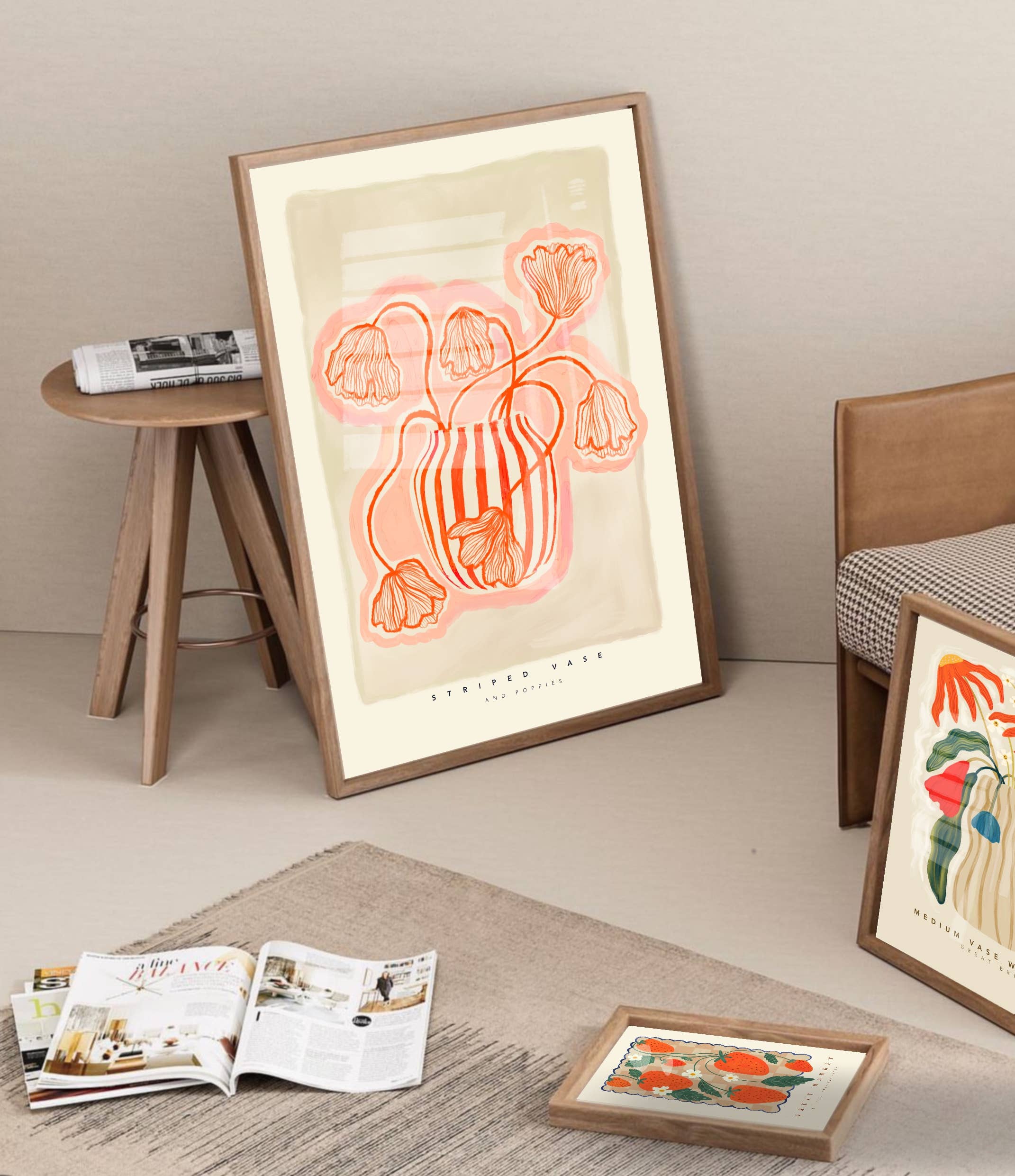 Kate Fox Design – wholesale Konsttryck – Vas Art Print, Rosa med rött tryck, handritad konst, Boho0