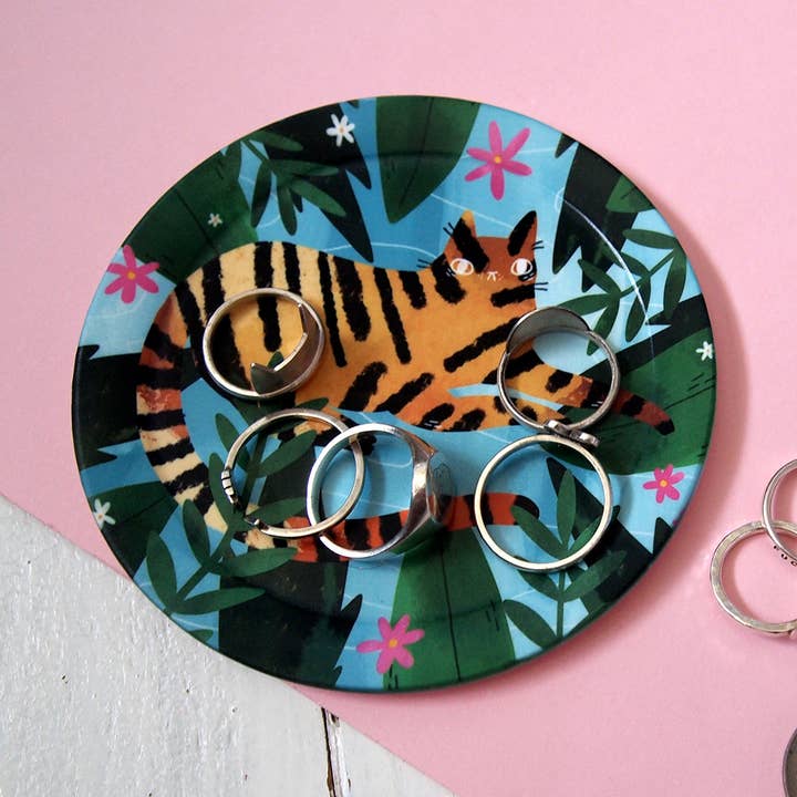 Piatto illustrato con gatto tigre, piattino portagioie, gioielli per la vendita all'ingrosso da parte di I LIKE CATS