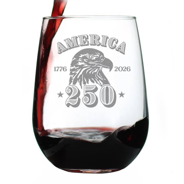 250e anniversaire de l'Amérique - Verre à vin sans pied gravé aux États-Unis pour la vente par bevvee