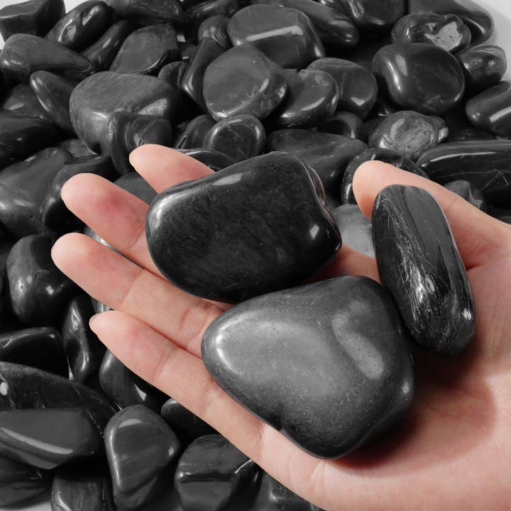 Black Pebbles, Polished River Rocks Large 1-2in, 9LB for wholesale by The Next Gardener
