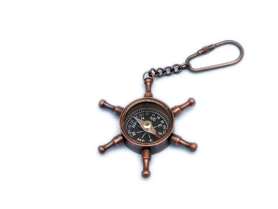 Hampton Nautical - Wholesale Keychain - Unisex - Antique Copper Ship Wheel Compass Key Chain 5"