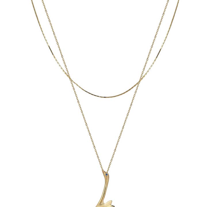 Swan with Sapphire Eye Double Chain Pendant Necklace for wholesale by Meri Lou Jewelry