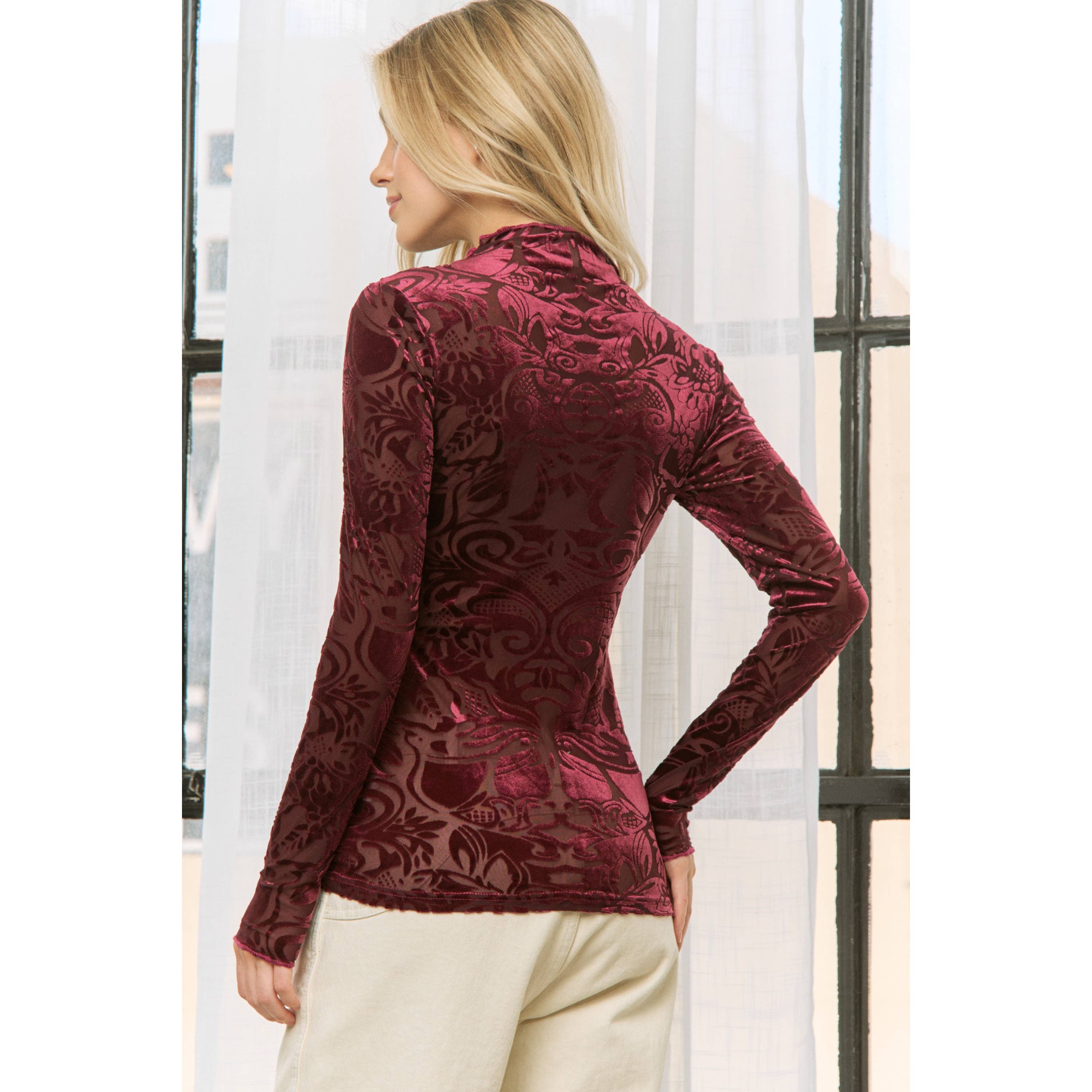 Sweet Generis - Wholesale Knit Top - Women's - VELVET BURN OUT SLIM FIT HIGH NECKLINE TOP18