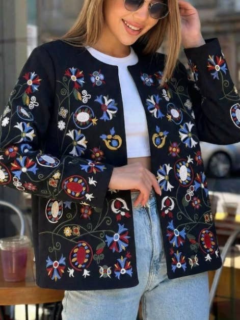Black Embroidered Bohemian Jacket – Colorful Floral Ethnic P for wholesale by miglo