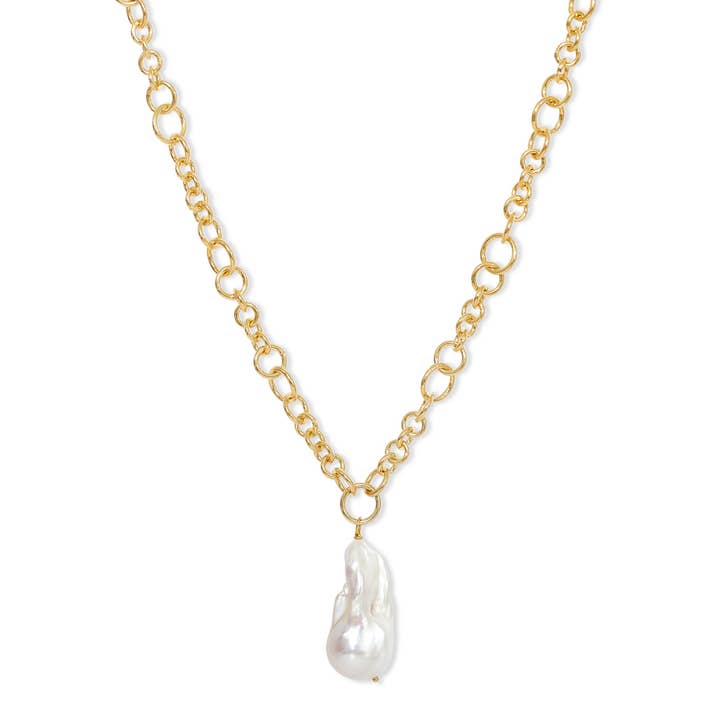Gold plate chain with baroque cultured freshwater pearl for wholesale by Pearls of the Orient