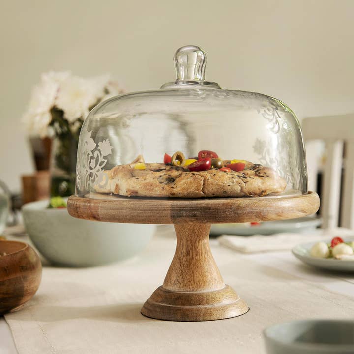 Indriya Home - Wholesale Cake Stand -  Leaf 🍃 patterned glass cloche with wooden base0