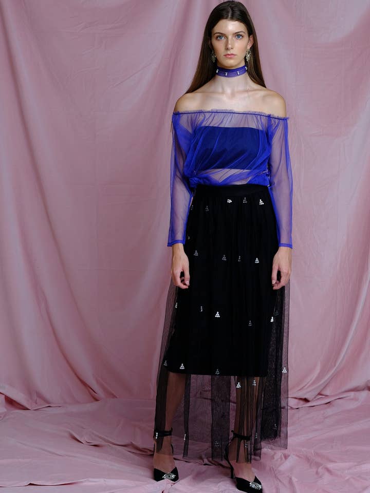 Black Tulle Skirt with Pearls for wholesale by Mona Fares