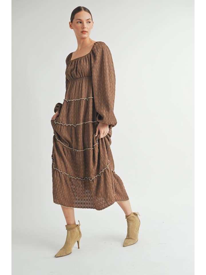 Marrone Vestito midi a balze a maniche lunghe con texture - Marrone in vendita all'ingrosso su Faire4