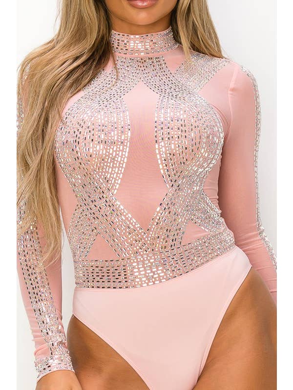 Mauve BCCBS44102 Rhinestone Mesh Long Sleeve Bodysuit - Sale for wholesale on Faire