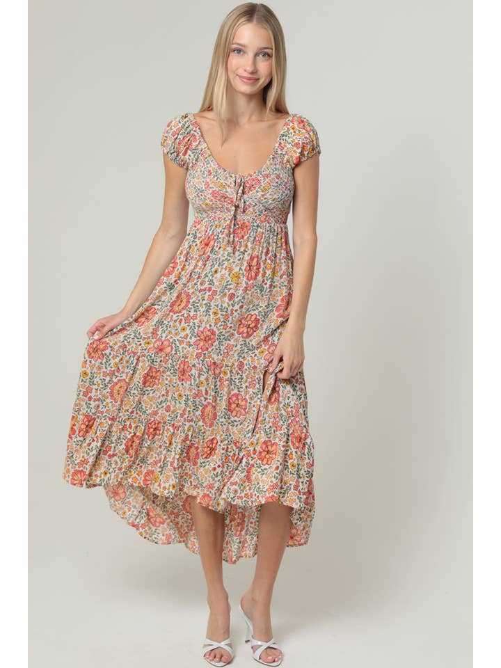 ANGIE - Wholesale Dress - Women's - F4K79-WA34 CAP SLEEVE WITH TIE FRONT AND SMOCKED BODICE