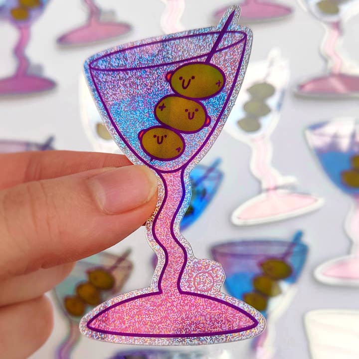 Mimo - Wholesale Sticker - Olive-tini Smiling Cocktail - Holographic Glitter Sticker1