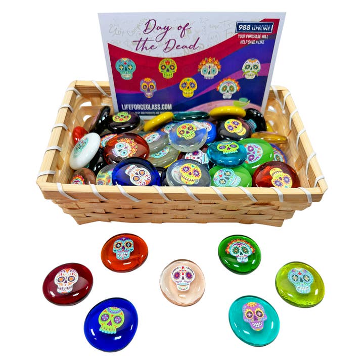 Assortiment de pierres en verre Day of the Dead, imprimé Sugar Skull pour la vente par Lifeforce Glass, Inc.
