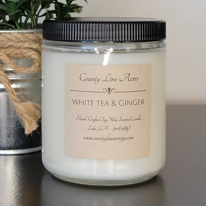 White Tea & Ginger 7oz Soy Wax Candle for wholesale by County Line Acres