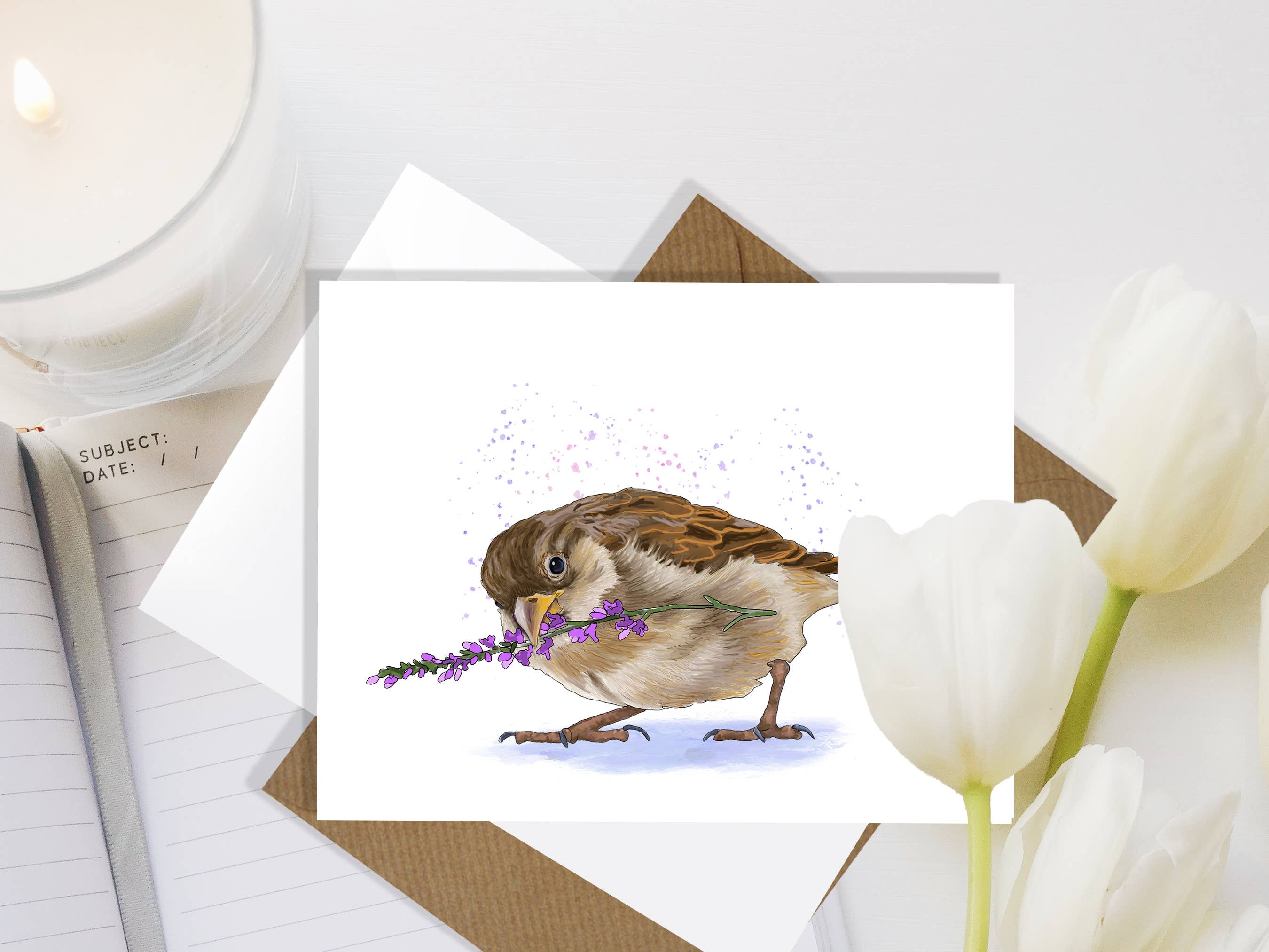 Julie Townsend Studio - Wholesale Stationery/Notecard Set - A2 Card Set  - Sparrow with Lavender - Set of 10 Cards3