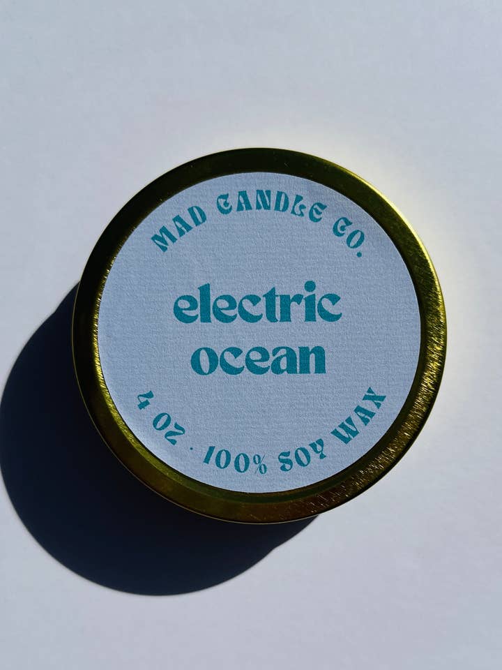 Electric Ocean Soy Candle - 4 oz Gold Tin & Wood Wick for wholesale by Mad Candle Co.