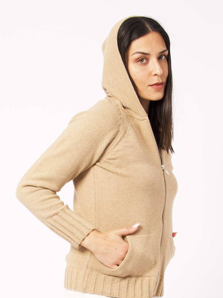 Hooded Jacket with Zipper in Lambswool for wholesale by Achega Knitwear