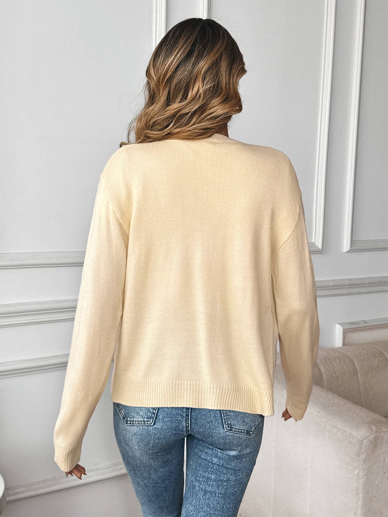 Beige Button-Up Knit Cardigan with Teddy Bear Design for wholesale on Faire4