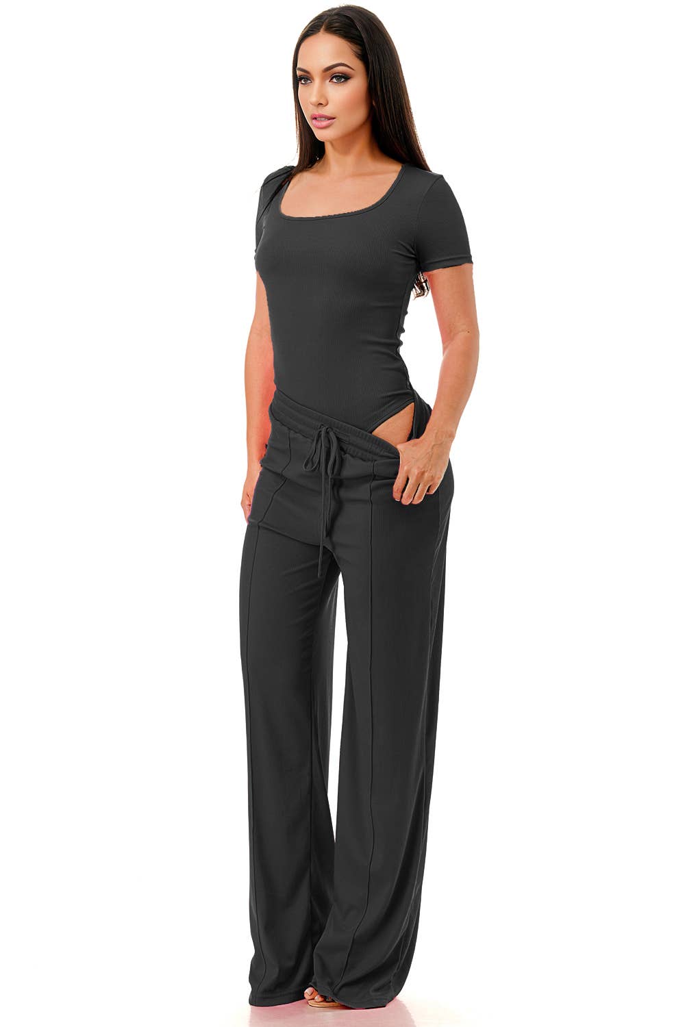 Color 5 - Wholesale Top & Pant Set (NOT Loungewear) - Women's - Slinky short sleeve body suit with flare pants fashion set0