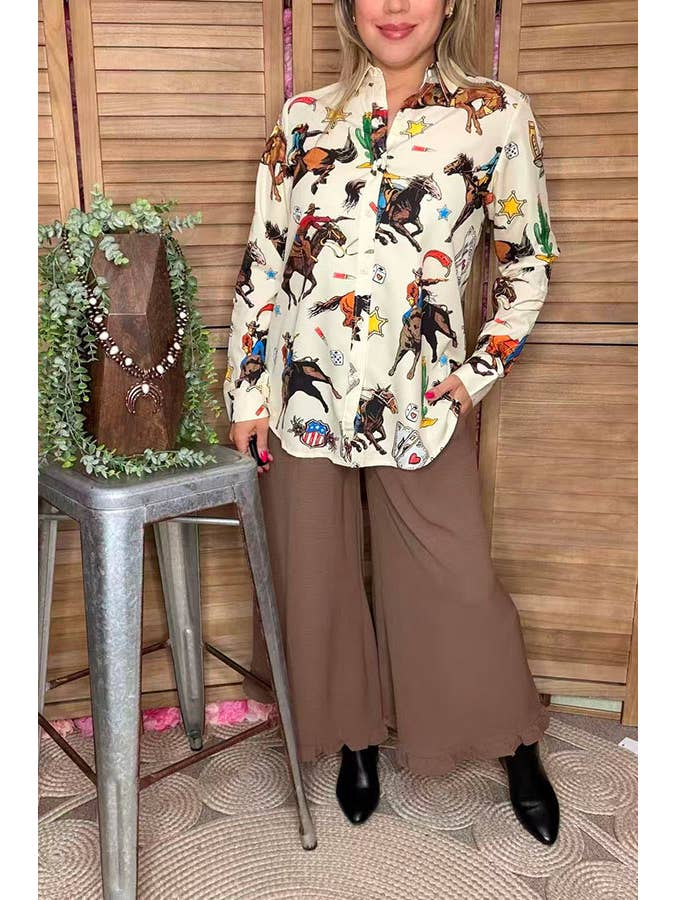 luluclothes - Wholesale Button Down Shirt - Women's - Western pattern beige long sleeve women shirts GJQ16673 4