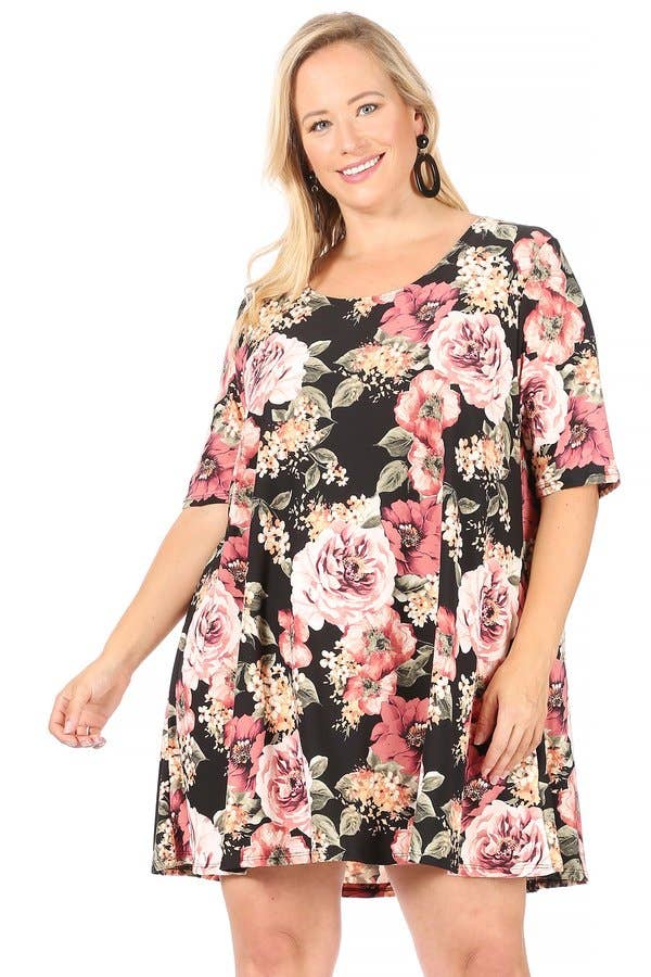 VIBE Apparel Co – wholesale Klänning - Dam – Plus mörk blommig borstad sväng klänning16