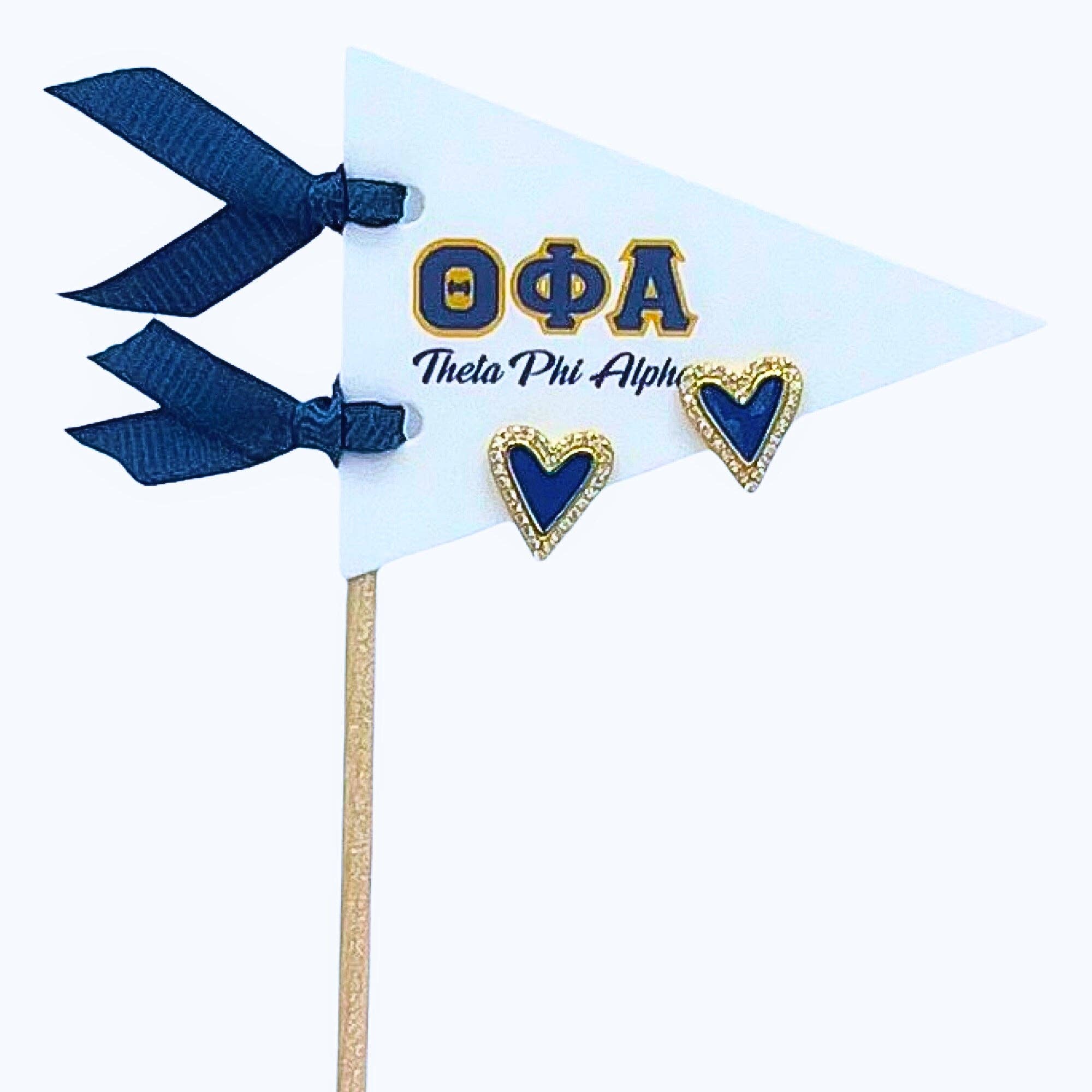 Color Shout – wholesale Stud/post earrings – E205-Love my Sorority: Bright Color Heart Studs on Greek Letter Pennant Flag24