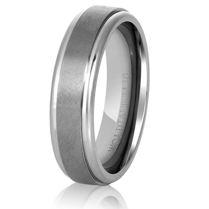 Børstet og poleret rillet titaniumring - 6 mm for engroshandel hos West Coast Jewelry