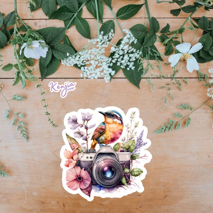 Kenjia Design – wholesale Klistermärke – Blommig kamera med fågel akvarell klistermärke/vattentät