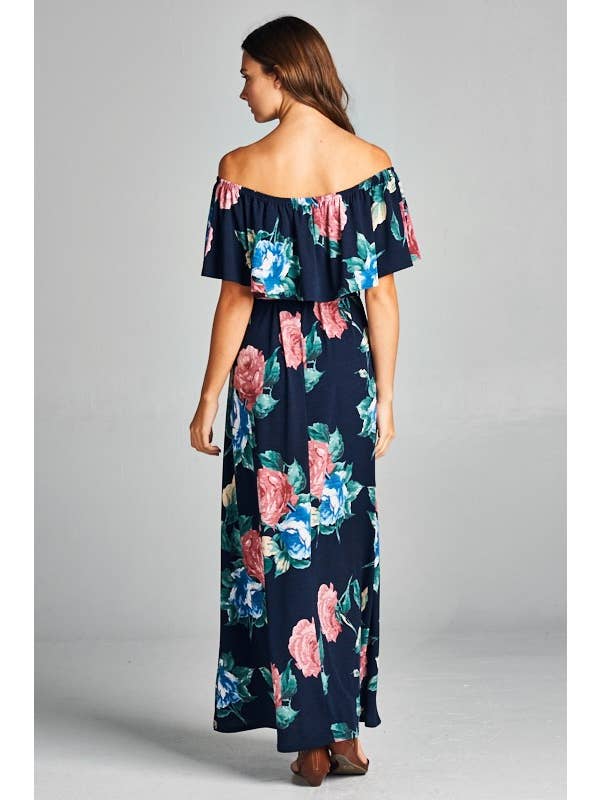 Navy ETD-526 Floral Off-Shoulder Maxi Dress for wholesale on Faire