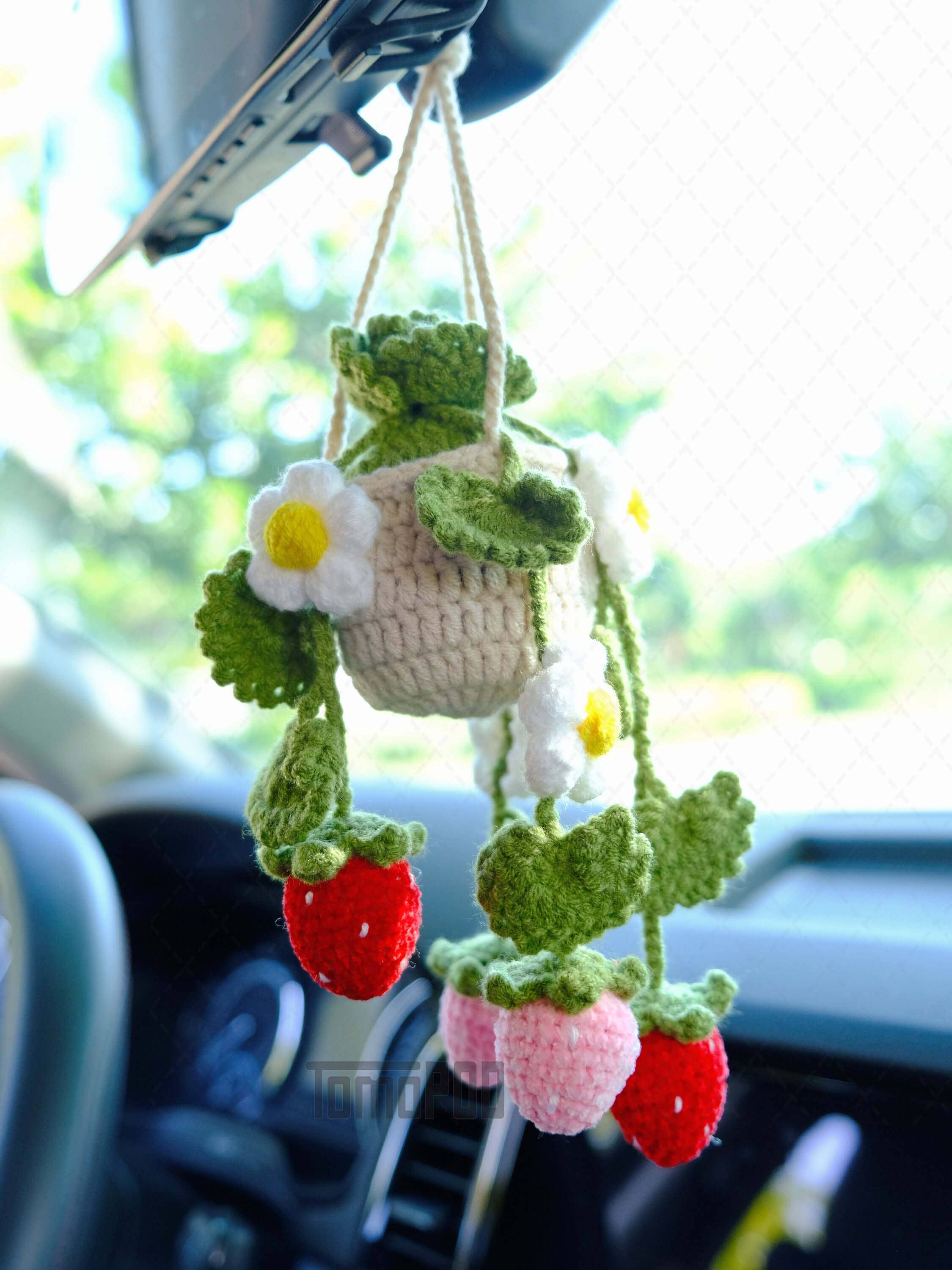 TOMOPOD LLC - Wholesale Car Decorative Charm - Unisex - Crochet Strawberry & Daisy Flower Car Mirror Hanging Plant5