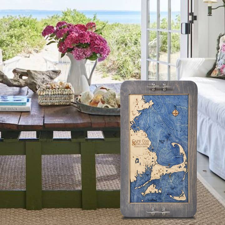 Vassoio da portata e decorazione da parete in legno con mappa nautica 3D Cape Cod per la vendita all'ingrosso da parte di Sea & Soul Nautical Chart Art