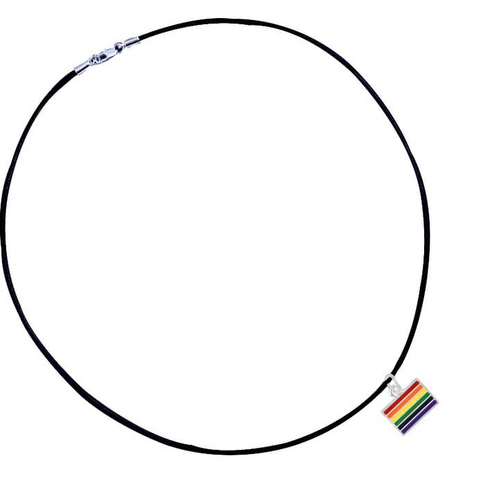 The Awareness Company - Wholesale Pendant/Charm Necklace - Rainbow Rectangle Flag Black Cord Necklaces