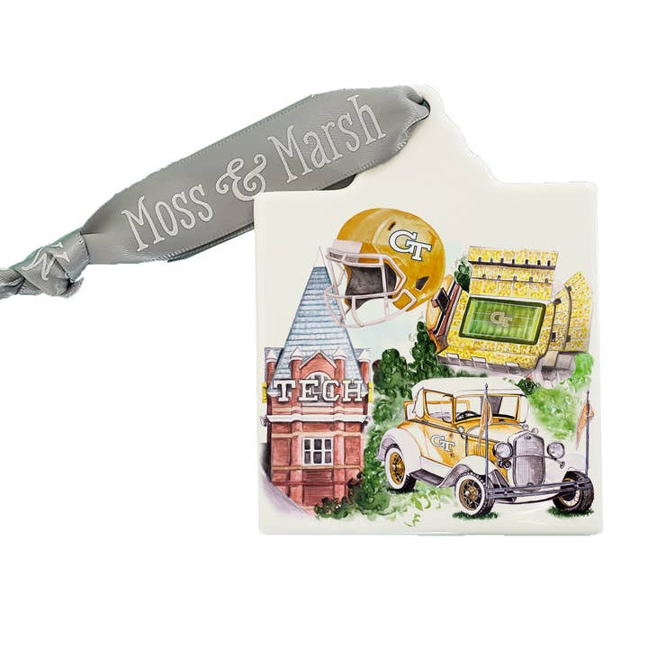 Georgia Tech Watercolor Ceramic Ornament for wholesale by Moss & Marsh