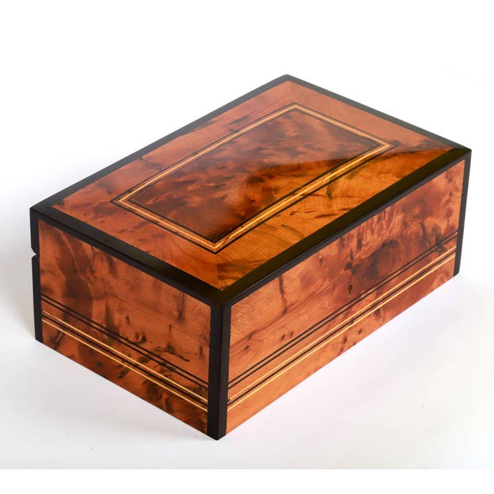 Abschließbare Hochzeitskarten- und Schmuckbox aus Thuya-Wurzelholz für den Großhandel von Yemma Goods