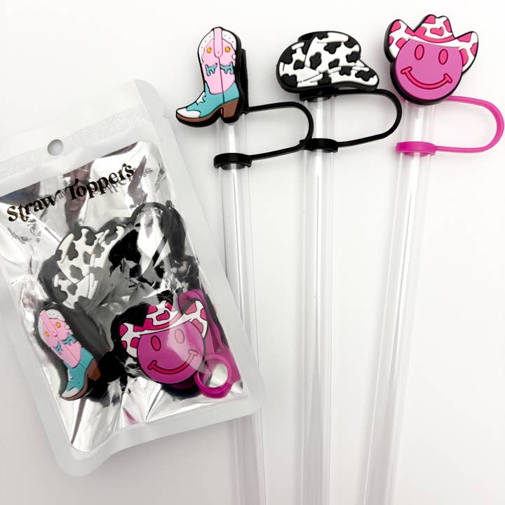 Vroom Blooms - Wholesale Drinking Straw - Straw Topper 3 pack - Smiley Cowboy, Cow Print Hat, Boot