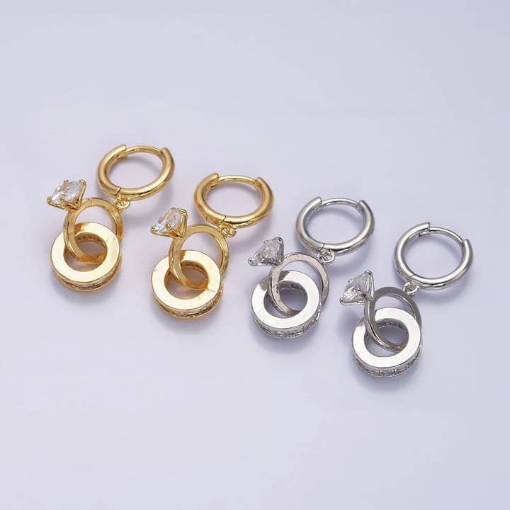 Boucles d'oreilles créoles en or et argent avec double rondelle claire en zircon cubique solitaire plaqué or 16K | AD-315 AD-316 pour la vente par Aim Eternal