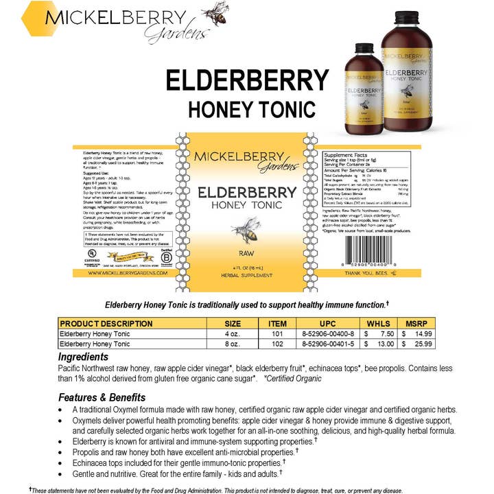Mickelberry Gardens - Wholesale Oral Supplement/Vitamin - Elderberry Honey Tonic