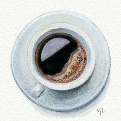 Cup of Coffee with Saucer Miniature Watercolor print for wholesale by Karen Libecap Tiny Paintings