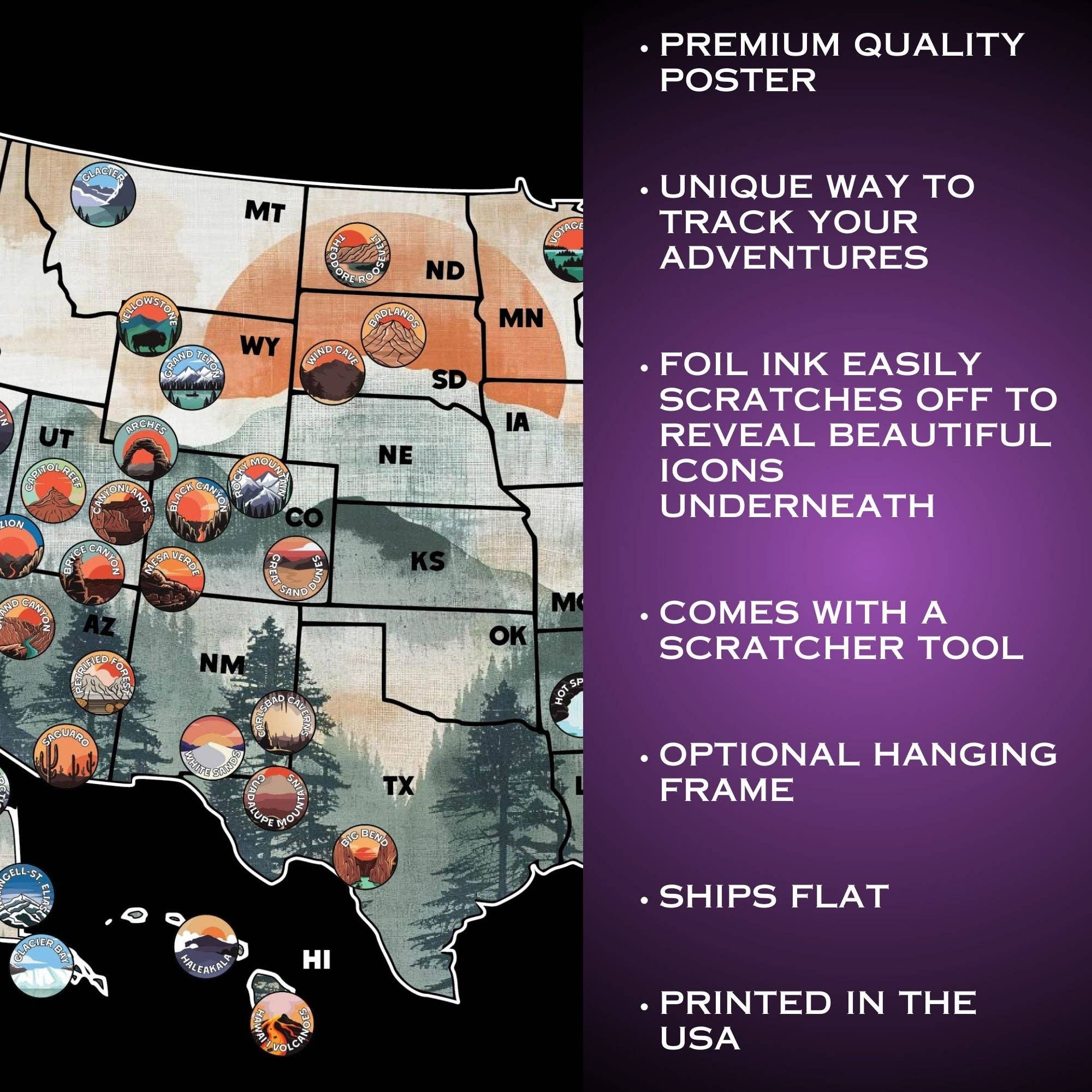 Track Your Adventures - Wholesale Map - Small USA Map with 63 National Parks Scratch off Map2