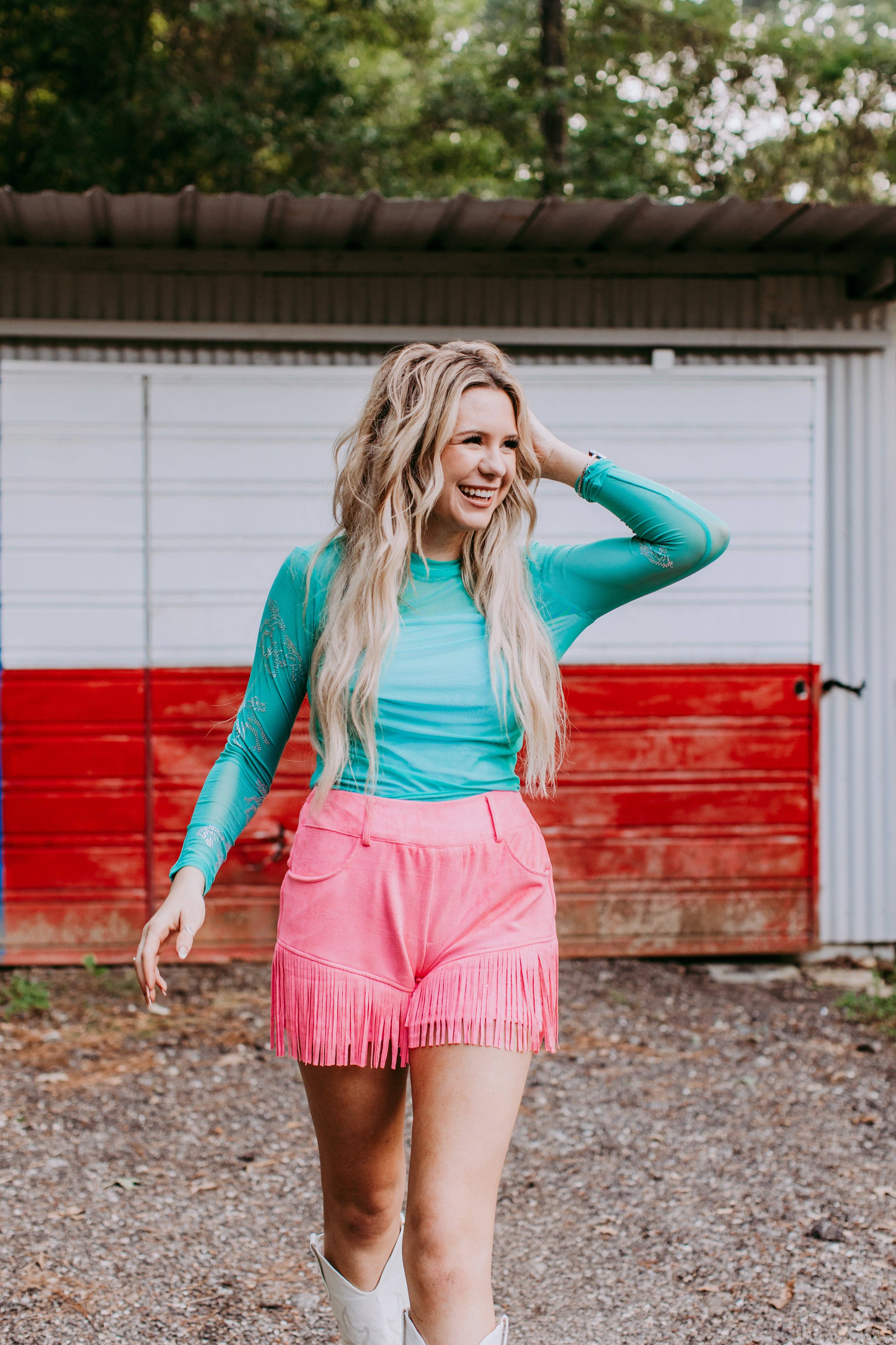 Turkis MK426 Dylan brun Rhinestone Pyntet Mesh LS Top - Turkis for engroshandel på Faire1