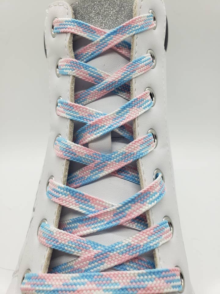 Flat Dress Shoelaces - Pink, White and Blue for wholesale by The Shoelace Factory